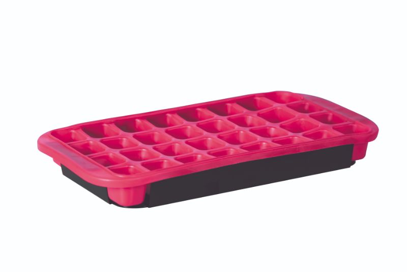 Vibrant red silicone ice cube tray with 32 flexible compartments for easy ice removal and a supported solid tray for spill-free transport.