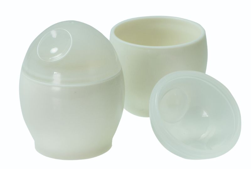 Microwave egg poacher set of 2, designed for perfect poached eggs with a cool-touch double-wall cup for safe handling.