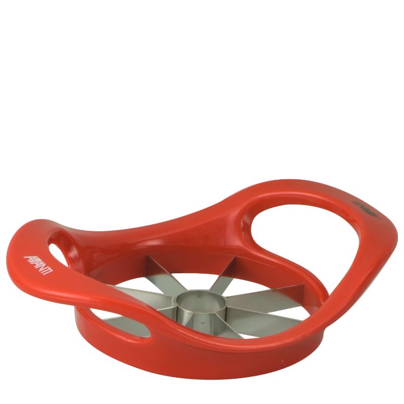 Vibrant red Avanti Apple Wedger cuts apples into 8 wedges with a core remover, featuring comfortable grips for easy use.