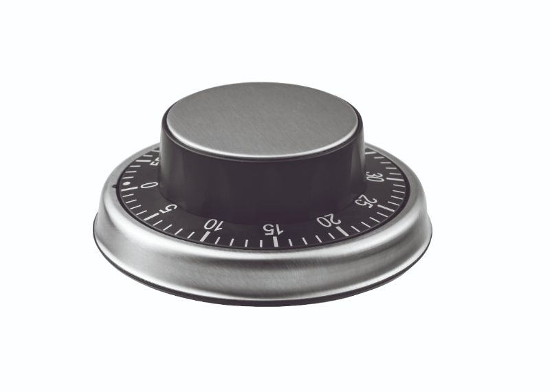 Avanti Mechanical Kitchen Timer in sleek black with large dial, 59-minute countdown, and bell alarm for cooking precision.