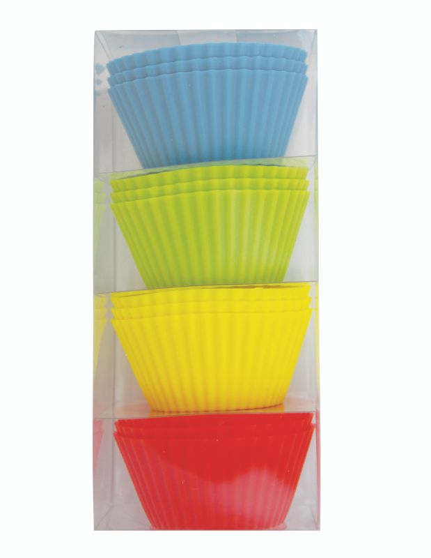 Colorful set of 12 reusable silicone muffin cups with fluted sides, perfect for baking, freezing, and easy food release.