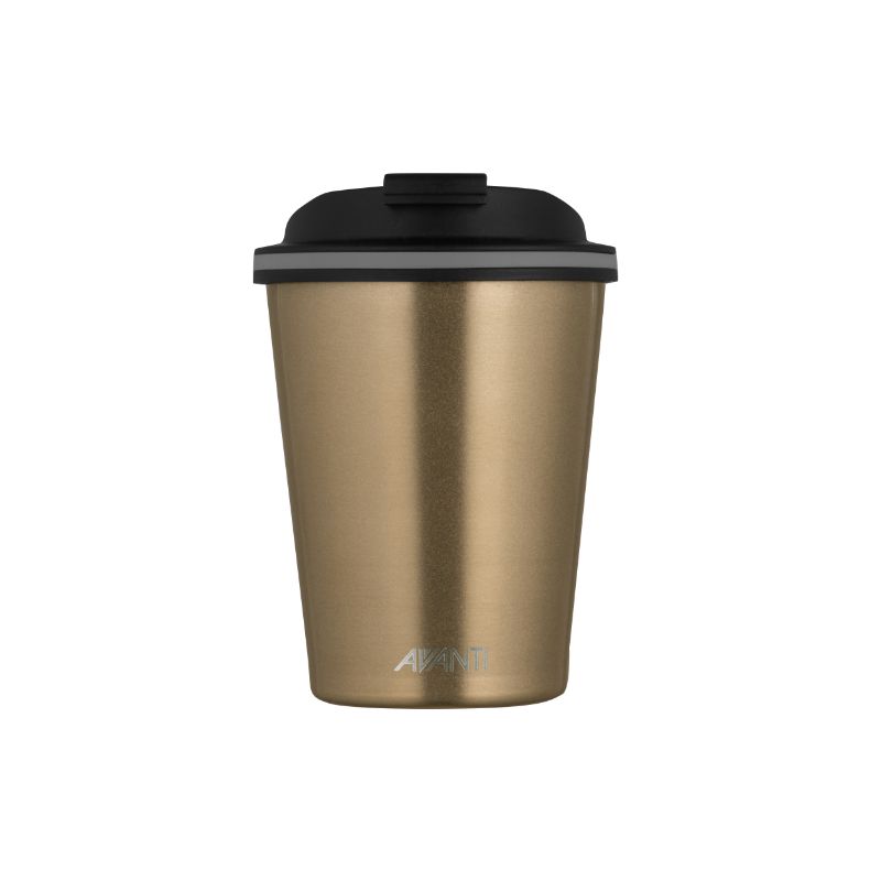 Stylish champagne-colored travel cup, double insulated, 280ml capacity, spill-proof, keeps drinks hot or cold for hours.