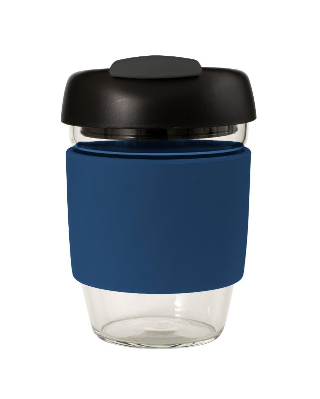Avanti Glass GoCup travel mug in navy, black, and charcoal, crafted from borosilicate glass, 355ml, spill-proof, and ergonomic design.