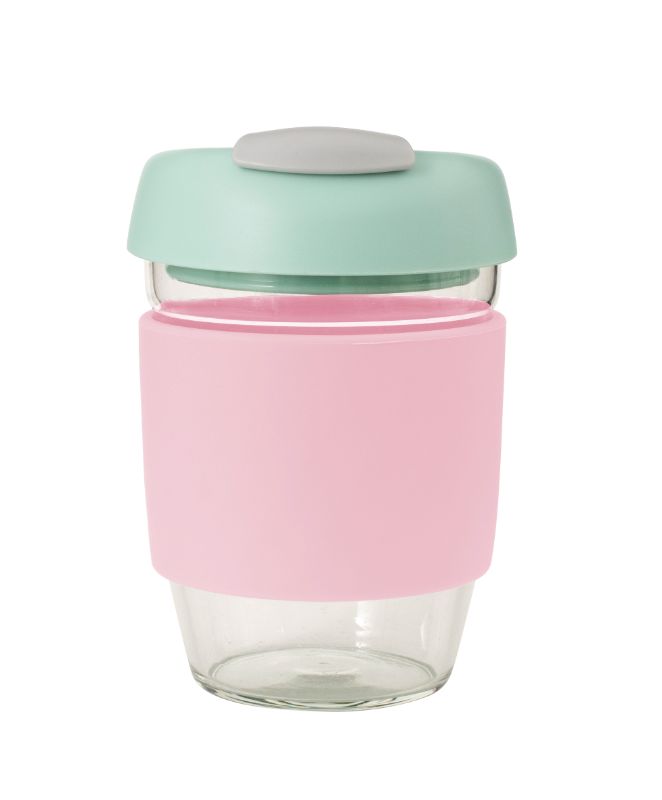 Avanti Glass GoCup Travel Mug in Pink, Mint, and Grey, 355ml, crafted from borosilicate glass with a spill-proof design.