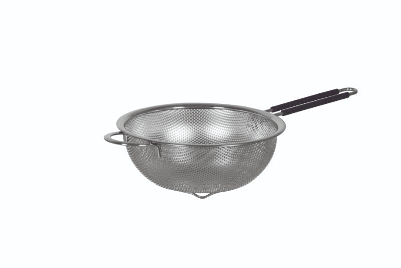 Avanti 20cm stainless steel strainer with perforated design and insulated handle for comfortable, safe draining of food.