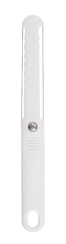 Avanti Thick & Thin Cheese Slicer in white, with stainless steel cutter for precise thick/thin cheese slices. Ergonomic grip and hanging loop.