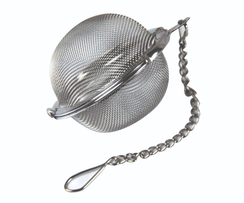 Stainless steel mesh tea ball with chain for brewing loose leaf tea, ideal for a single cup.