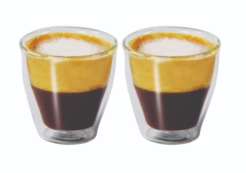 Stylish 100ml twin wall glass set, crafted from borosilicate glass, perfect for hot and cold beverages without condensation.