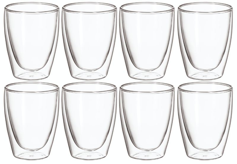 Avanti Caffe 250ml Twin Wall Glass Set: 8 stylish borosilicate glasses that keep drinks hot or cold, perfect for any occasion.