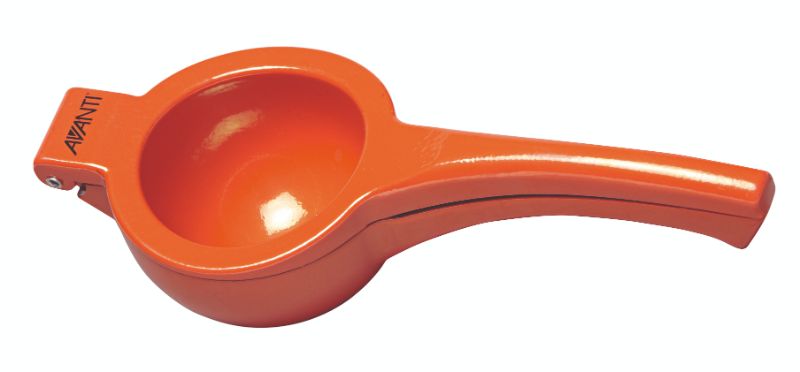 Bright orange squeezer with 90mm diameter, designed for easy juice extraction without seeds or pulp, rust-resistant and dishwasher safe.