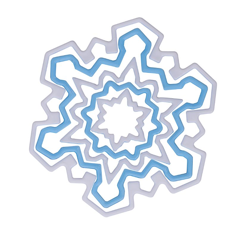 Set of five durable plastic snowflake cookie cutters in a storage container, perfect for holiday baking and treats.