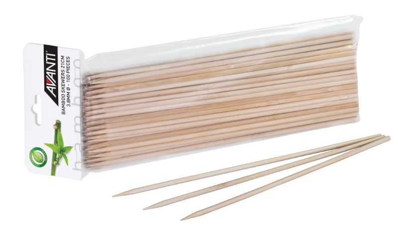100-pack of Avanti Bamboo Skewers 25cm, eco-friendly, smooth texture for easy grilling of meats and vegetables.