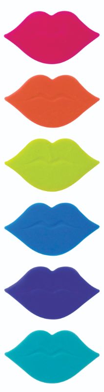 Colorful lip-shaped silicone glass markers, set of 6, for easy drink identification at parties. Reusable and washable.