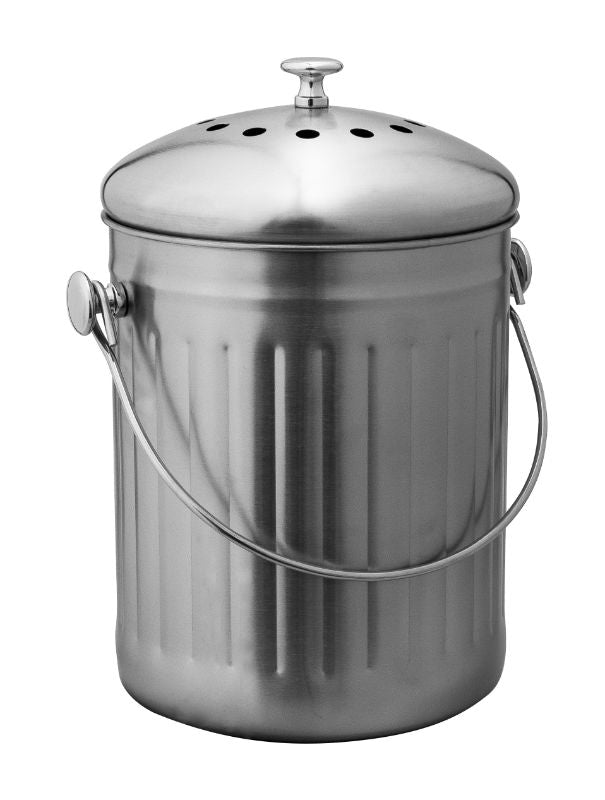 Sleek 5L stainless steel compost bin with charcoal filter, perfect for kitchen scraps and eco-friendly living.