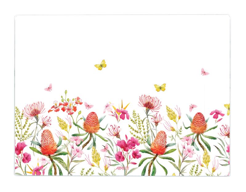 Avanti Surface Protector Natives: A stylish tempered glass board for cutting, serving, and protecting surfaces with an Aussie design.