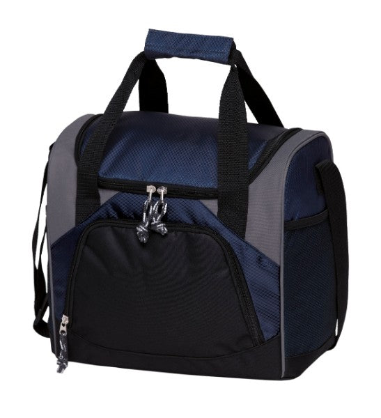 Navy, black, and grey Bistro Cooler Bag featuring insulated compartment, adjustable strap, and external mesh pockets for outdoor fun.