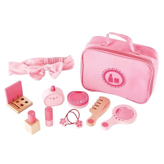 Hape Wooden Beauty Toy set with 11 accessories in a portable bag for imaginative play and creativity for kids ages 3 and up.