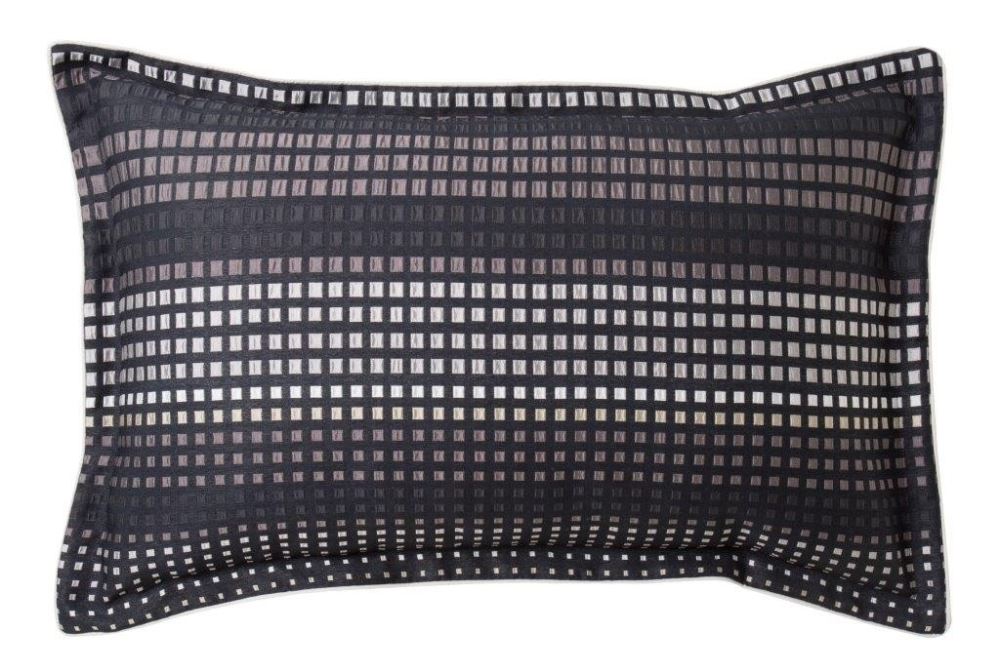 Elegant navy queen duvet set with pixelated pattern and ivory piping, includes cover and two pillowcases for stylish comfort.