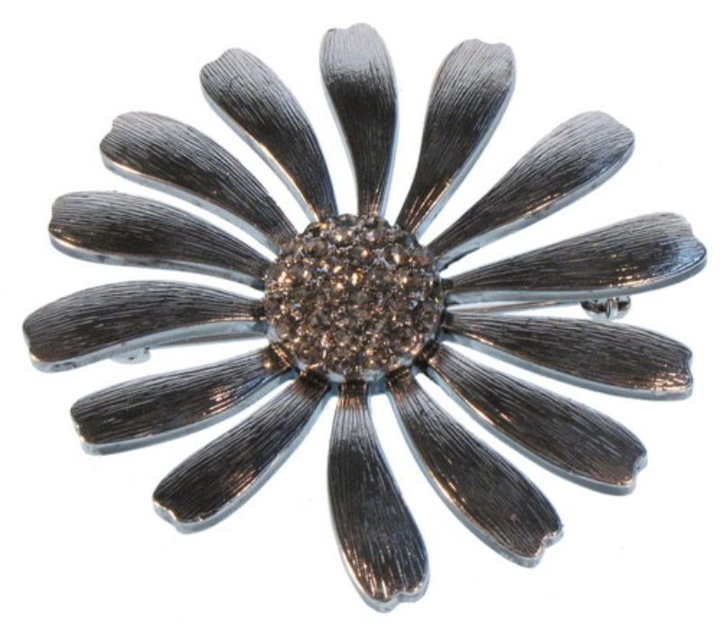 Large grey metal flower brooch made of zinc alloy with imitation rhodium plating, perfect for adding elegance to any outfit.