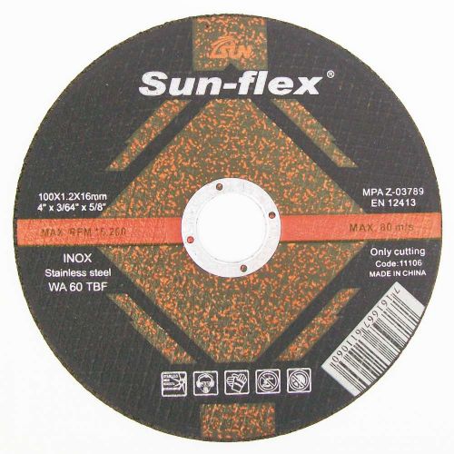 Sun-flex INOX Metal Cut Off Disc set, 100mm, for clean cuts in stainless steel, mild steel, and cast iron, 3 units included.