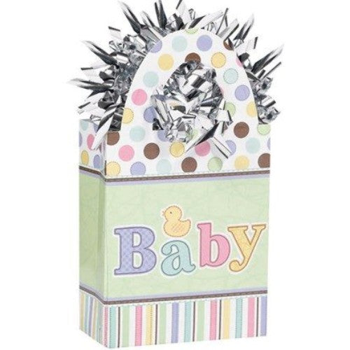 Charming pastel balloon weights with "Baby" headline and silver tinsel, perfect for baby showers and decorations.