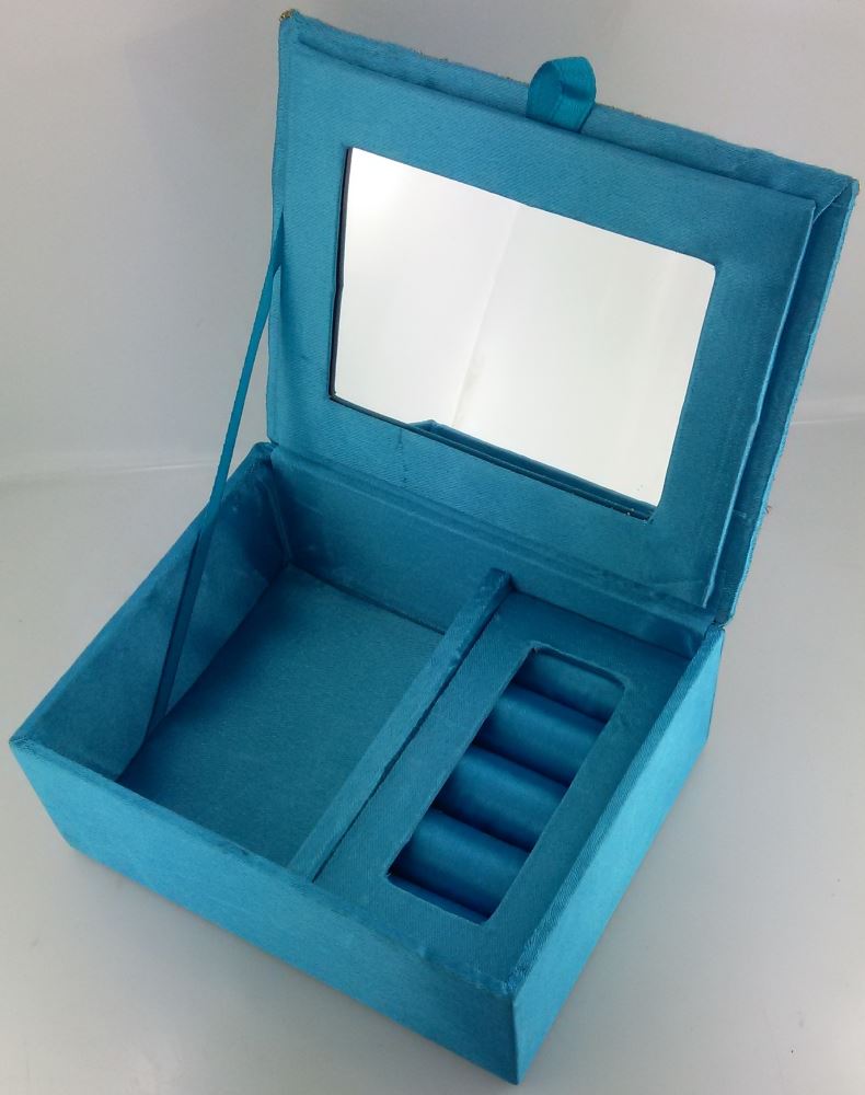 Zaari Embroidered Blue Jewellery Box, handcrafted in India, featuring unique embroidery for elegant accessory storage.