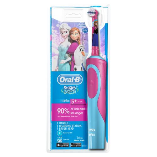 Oral-B Stages Frozen Power Kids Electric Toothbrush with Frozen characters, extra-soft bristles, and Disney app compatibility.