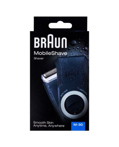 Braun M30 Pocket Go Shaver in black and silver, featuring a wide ultra-flexing foil for a close, portable shave.
