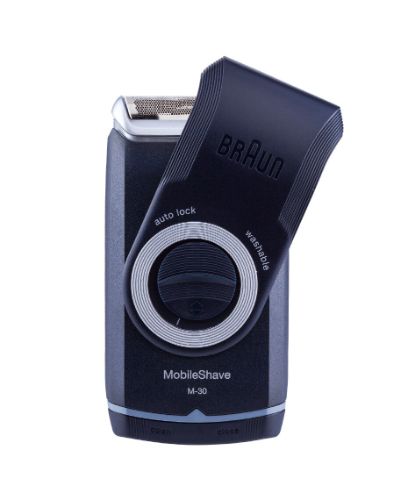 Braun M30 Pocket Go Shaver in sleek black and silver, featuring a wide ultra-flexing foil for a close, portable shave.