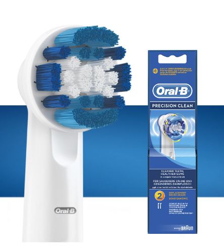 Oral-B Precision Clean Brush Heads in a 2-pack, featuring soft bristles for gentle, tooth-by-tooth plaque removal.