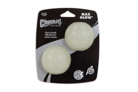 Glow-in-the-dark Chuckit Max Glow Ball for dogs, durable medium balls for nighttime play, 2-pack for extra fun.