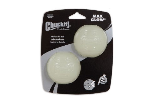Glow-in-the-dark Chuckit Max Glow Ball for dogs, durable medium balls for nighttime play, 2-pack for extra fun.