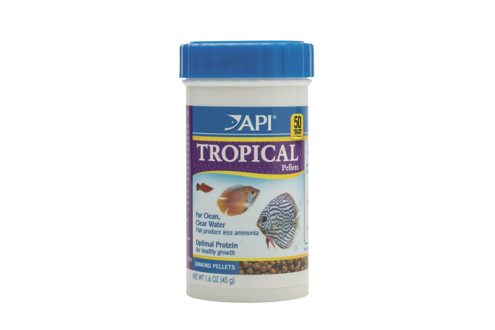 API Tropical Pellets 45g for tropical fish, packed with quality proteins and garlic for health, growth, and cleaner water.