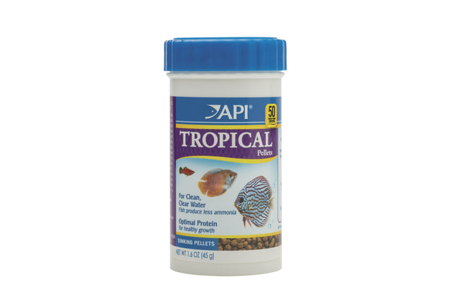 API Tropical Pellets 45g for tropical fish, packed with quality proteins and garlic for health, growth, and cleaner water.