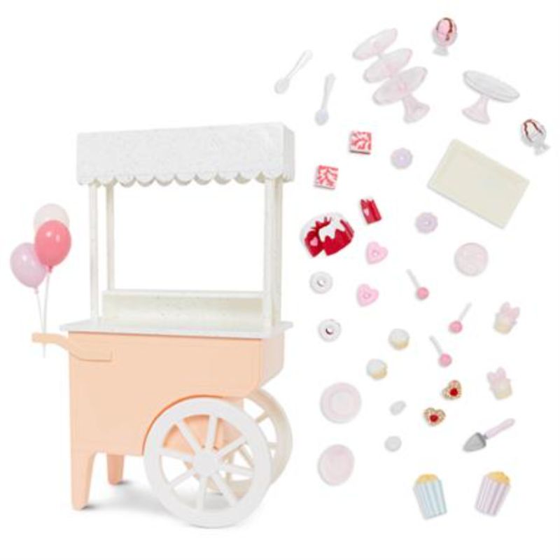 Colorful 38-piece dessert cart playset for 18-inch dolls, featuring brownies, cupcakes, donuts, and more. Ideal for imaginative play.