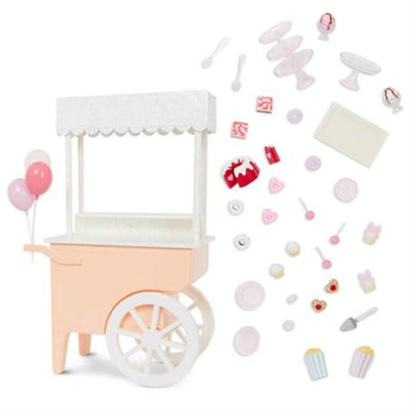 Colorful 38-piece dessert cart playset for 18-inch dolls, featuring brownies, cupcakes, donuts, and more. Ideal for imaginative play.