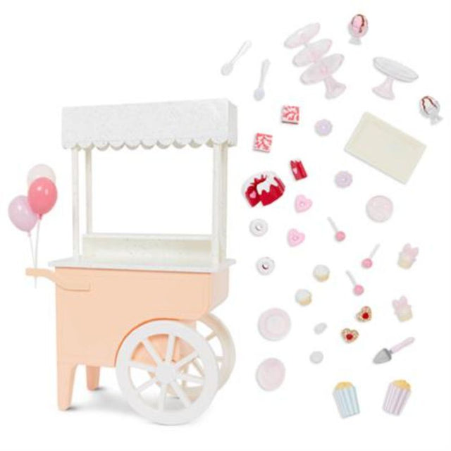 Colorful 38-piece dessert cart playset for 18-inch dolls, featuring brownies, cupcakes, donuts, and more. Ideal for imaginative play.