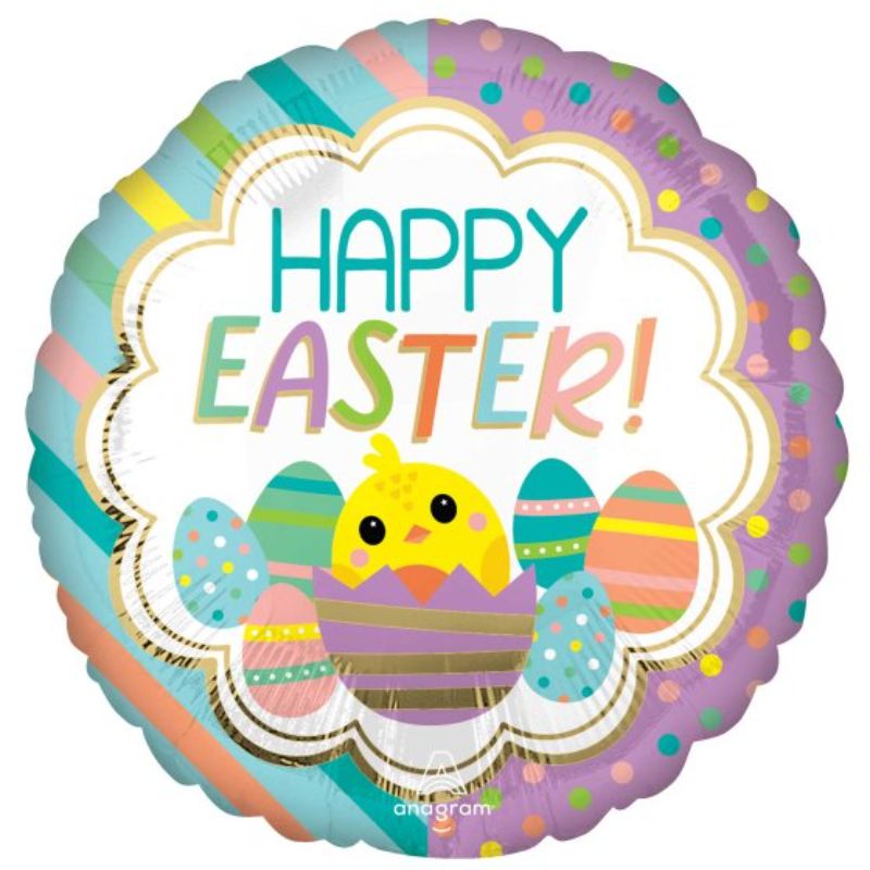 Balloon - 45cm Standard HX Happy Easter Chicky Stripes & Dots