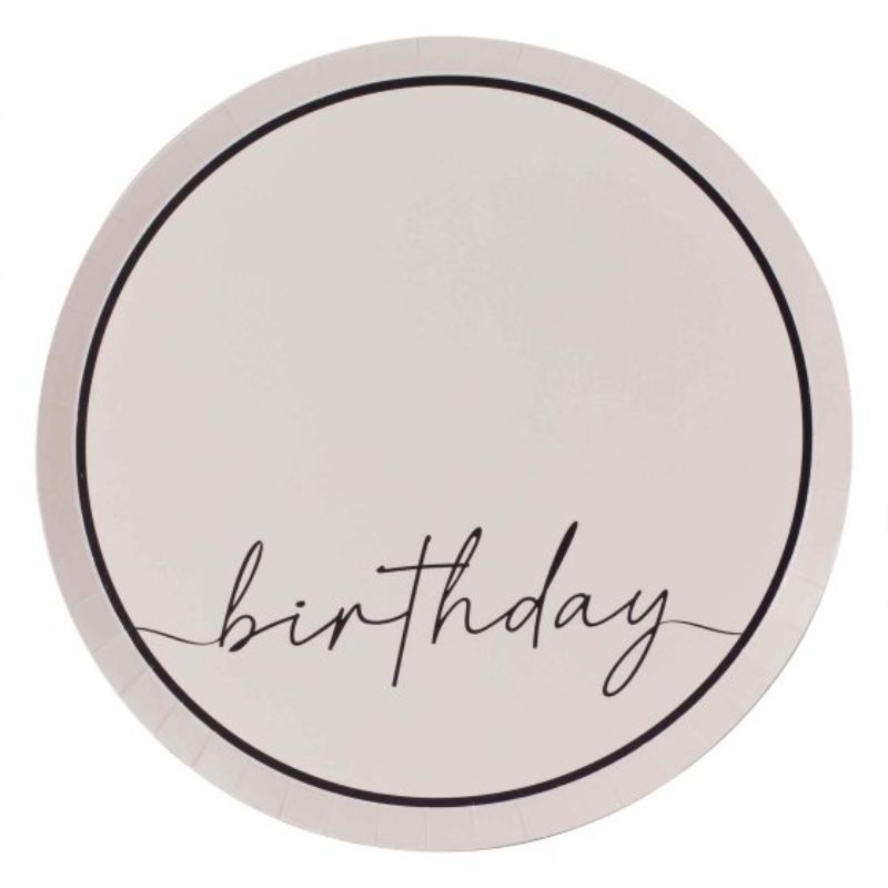 Elegant champagne noir and nude birthday paper plates, 25cm, pack of 8 for stylish celebrations and easy clean-up.