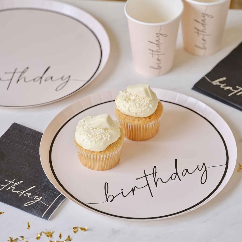 Elegant black and nude Happy Birthday paper plates, pack of 8, perfect for stylish celebrations and easy clean-up.