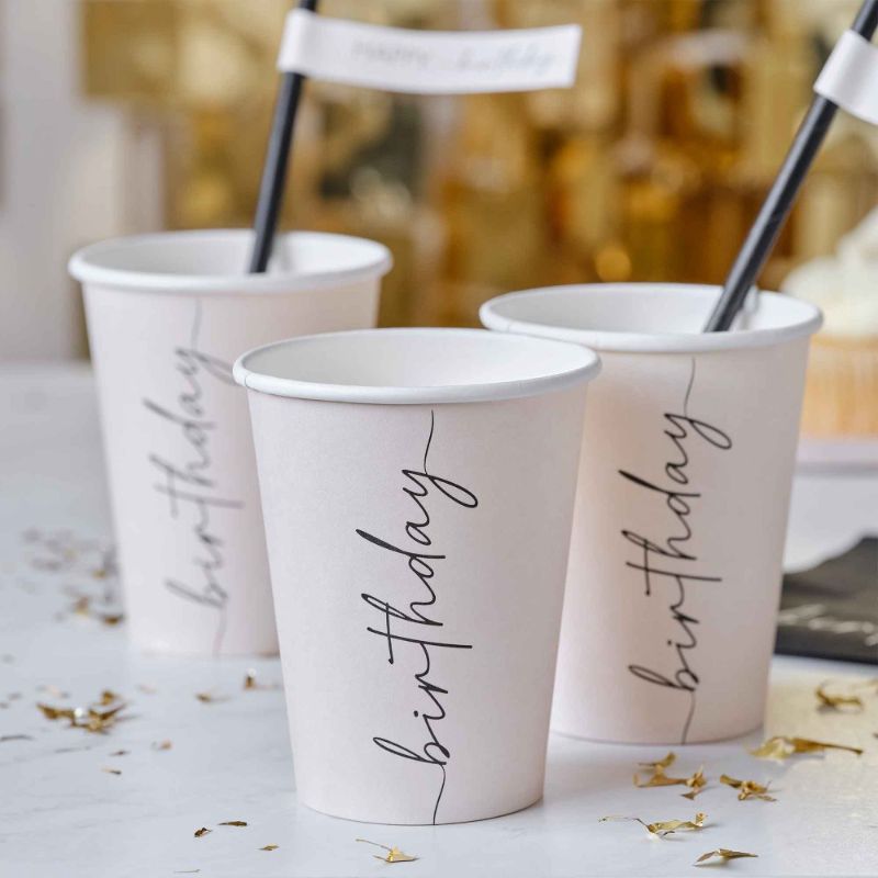 Champagne Noir Nude & Black Happy Birthday Paper Party Cups - Pack of 8