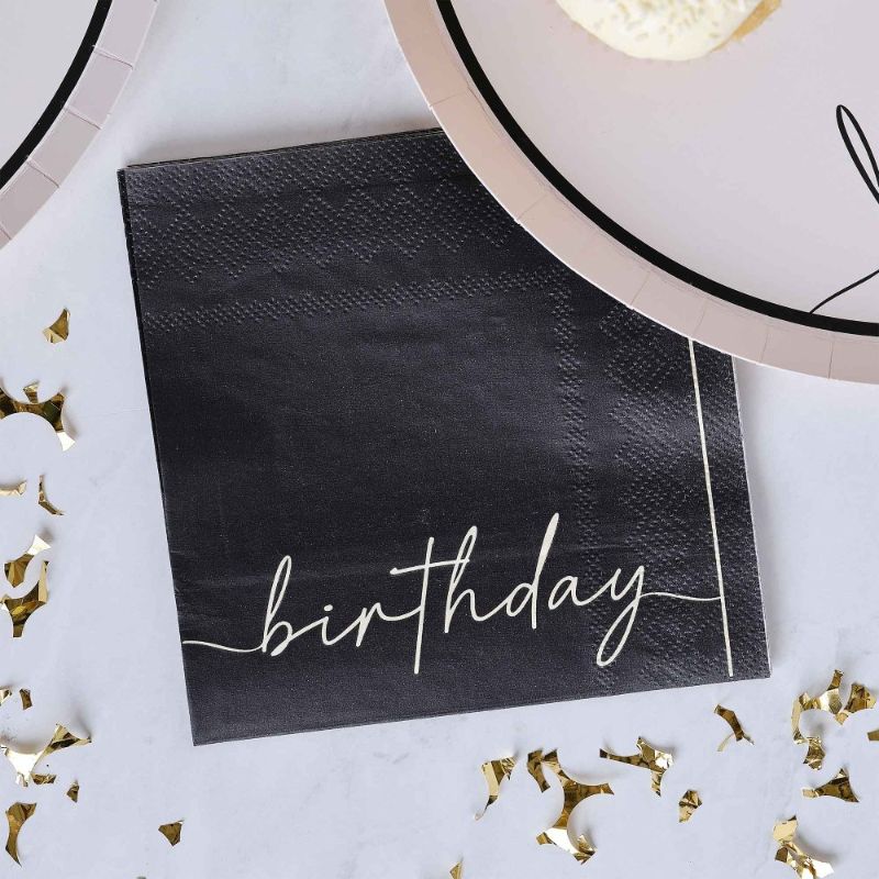 Stylish pack of 16 nude and black Happy Birthday napkins, perfect for elegant celebrations and party planning.