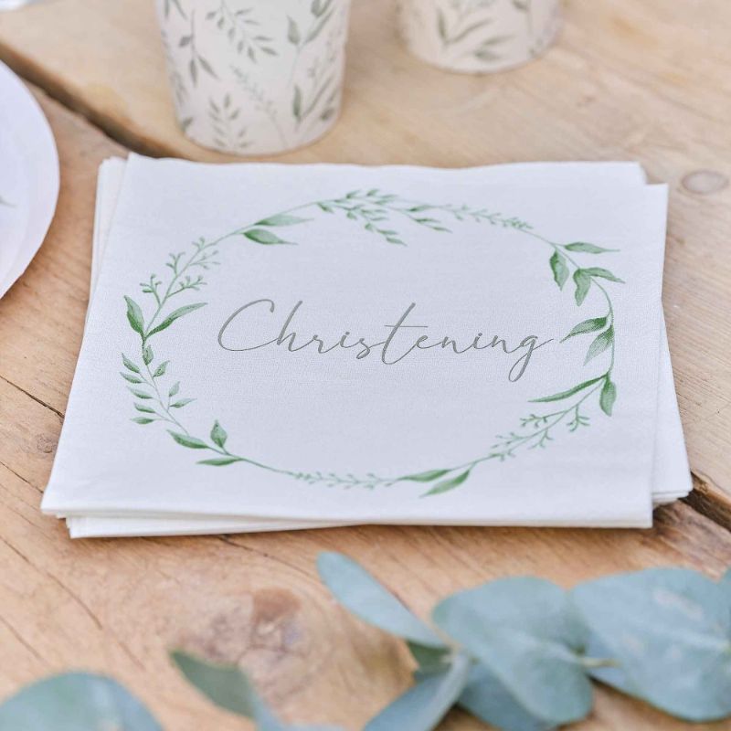 Christening White & Green Christening Paper Napkins - Pack of 16