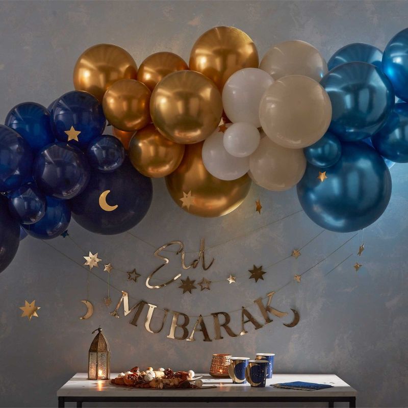Eid Balloon Garland Mixed Chromes with Hanging Moons & Stars Navy, Gold & White - Pack of 80