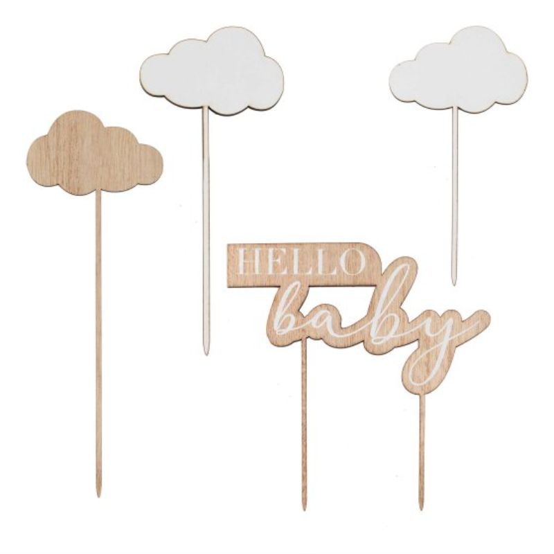 Hello Baby Wooden Hello Baby & Clouds Baby Shower Cake Topper - Pack of 4