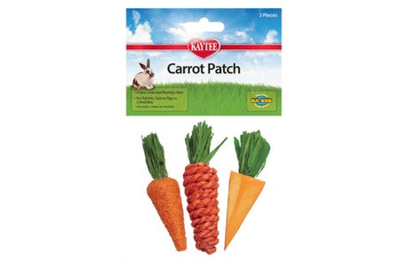 Chew toy set of 3 carrot-shaped toys for small pets, promoting dental health and natural chewing instincts.