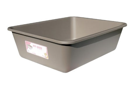 Large warm gray cat litter tray, 46x38x13cm, designed for comfort, easy cleaning, and a tidy home with elevated sides.