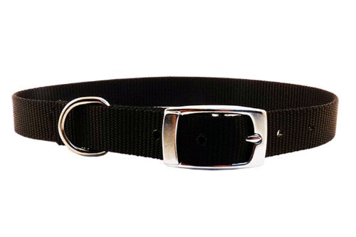 Durable black nylon dog collar, 20mm wide and 55cm long, featuring a secure buckle closure for comfort and style.