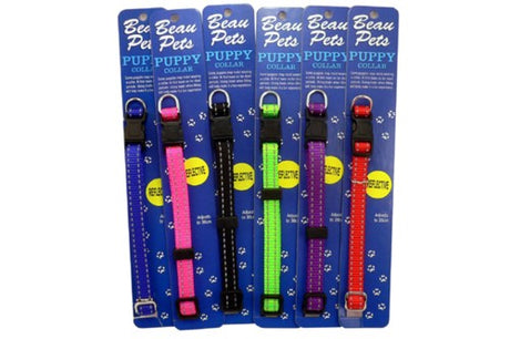 Nylon adjustable reflective puppy collar in vibrant colors for safety and style during nighttime walks.