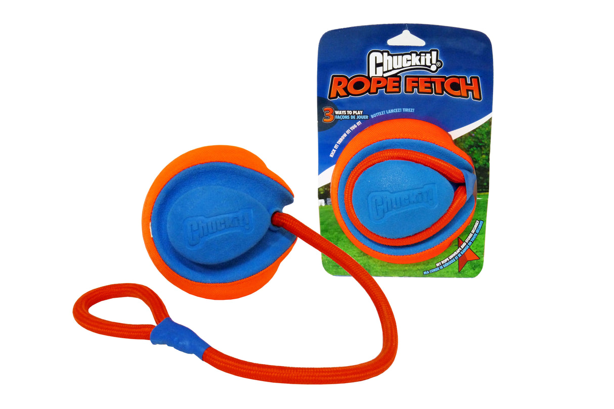 Colorful Chuckit! Rope Fetch dog toy featuring a textured ball and durable rope, perfect for fetch and tug-of-war games.